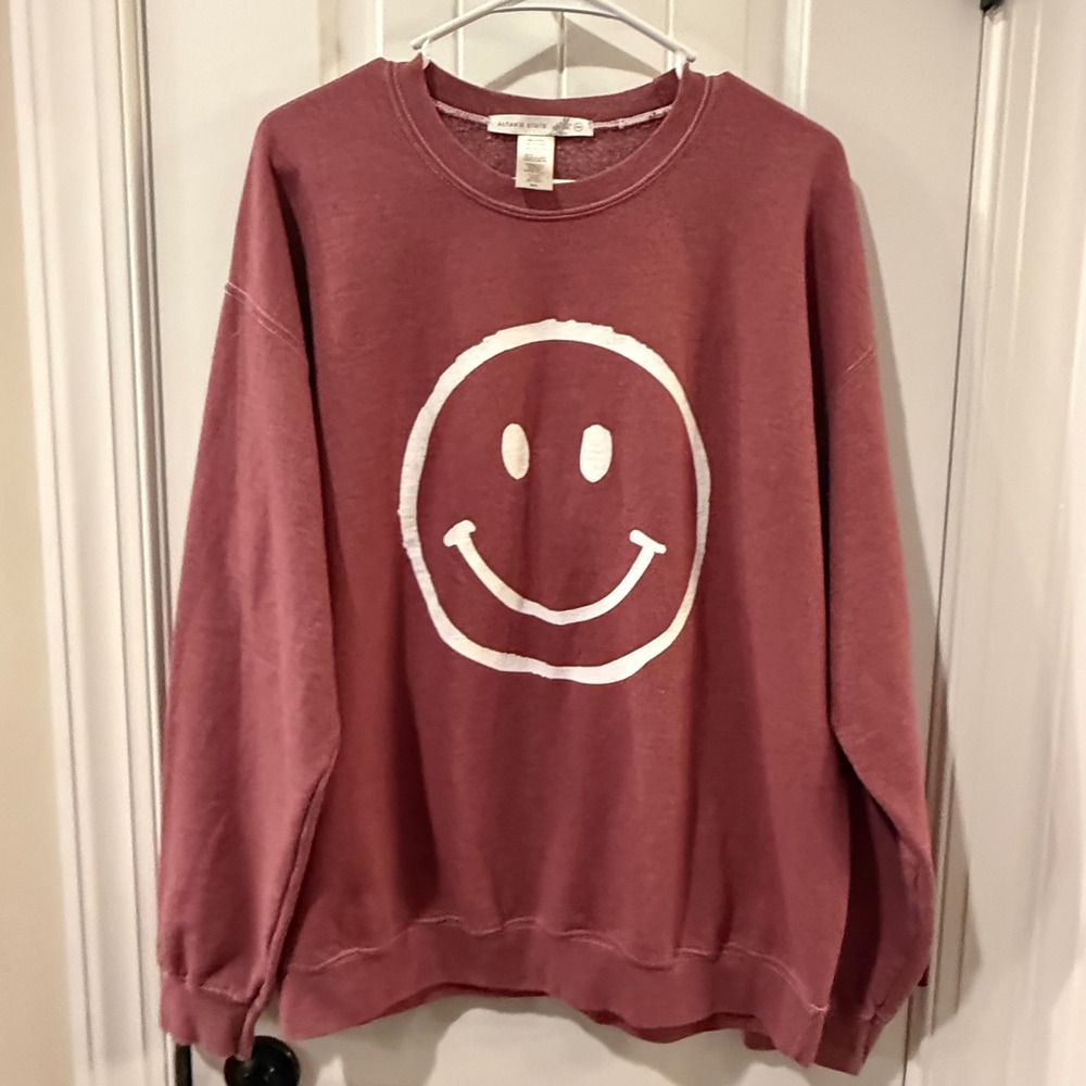 Altar'd State Smiley Face Graphic Sweatshirt Burgundy Rosewood Crewneck M/L